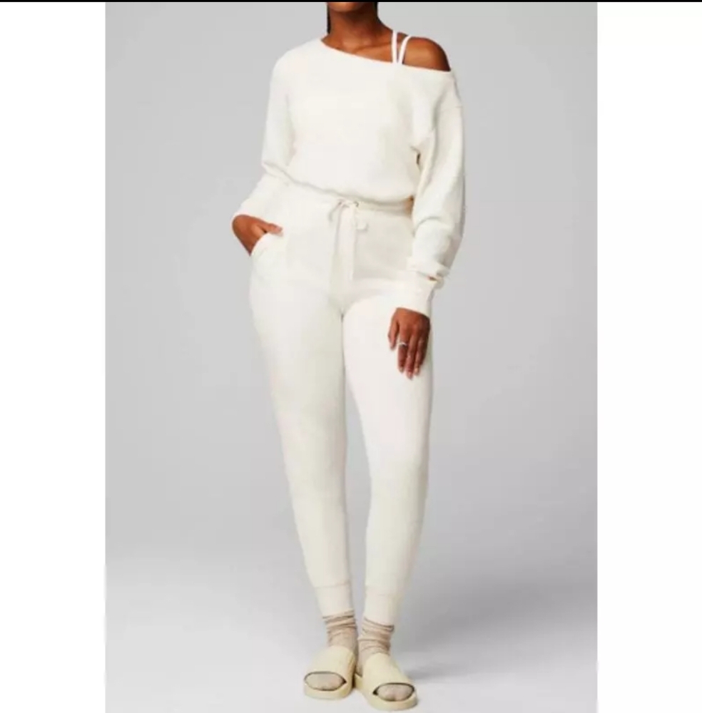 Fabletics Cozy Corduroy Off Shoulder Jumpsuit Size Large Bone One Piece